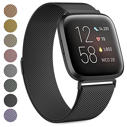 Oumida Armband für Fitbit Versa 2 Armband/Fitbit Versa Armband/Fitbit Versa Lite Armband für Damen Herren, Prämie Edelstahl Metall Ersatzarmband Armbänder mit Starker Magnet, Klein Schwarz