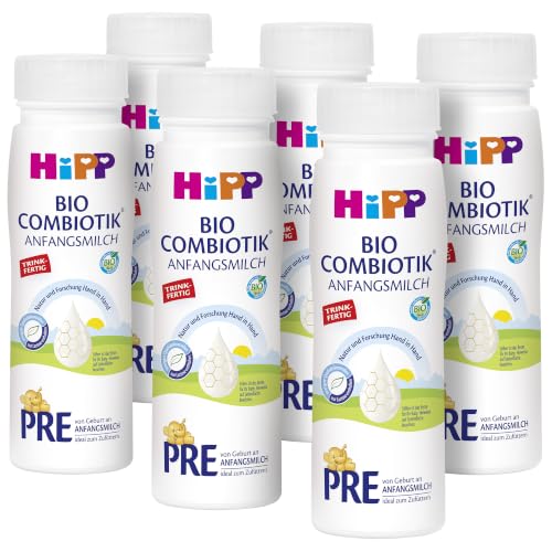 HiPP PRE Bio Combiotik trinkfertig (6 x 200ml), Anfangsmilch von Geburt an, enthält nur Lactose als Kohlenhydrat, praktische BPA‑freie Flasche