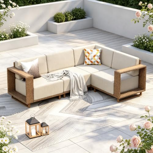 PHI VILLA Rattan Gartenmöbel Set Balkonmöbel für 4, Lounge Möbel Outdoor Sofa Sets für Garten und Terrasse, Allwetter Gartensofa Terassenmöbel Außen mit Dicken Weißen Kissen und Ergonomischem Design