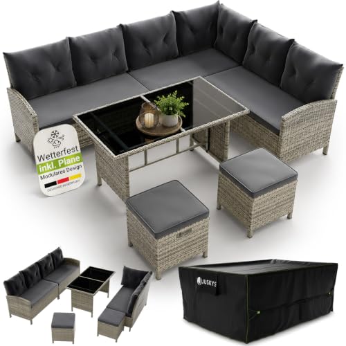 Juskys® Polyrattan Lounge Manacor mit Ecksofa, Esstisch, 2 Hocker & Kissen inkl. Abdeckung - wetterfest bis 7 Personen - Bezüge waschbar - Rattan Garten Sitzgruppe Gartenmöbel Set - Grau/Dunkelgrau