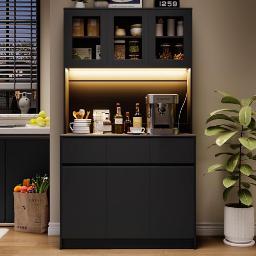 Wumagin Küchenschrank Buffetschrank mit L-E-D Sideboard für Küche mit Ladestation,Hochschrank mit Arbeitsplatte und 3 Schubladen Küchenbuffet mit Verstellbares Regal für Esszimmer