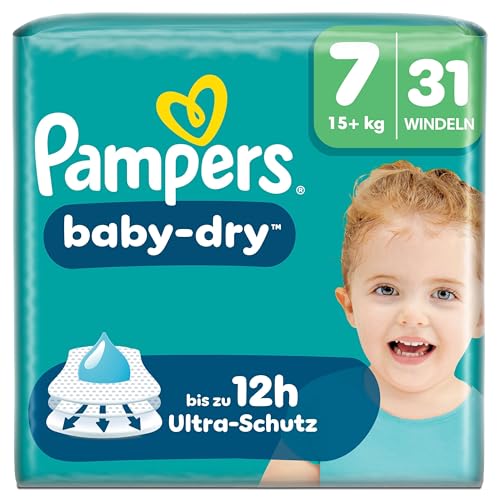 Pampers Baby-Dry Größe 7, 31 Windeln, 15kg+, Bis zu 100% Auslaufschutz & Komfort die ganze Nacht