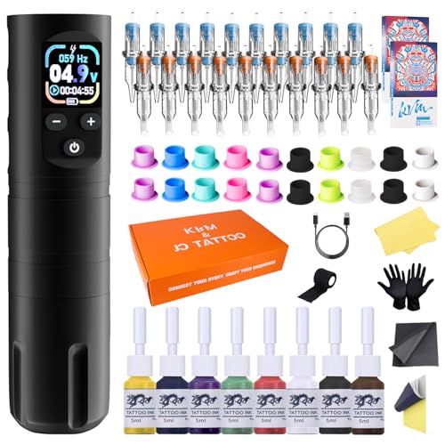 KVM Wireless OLED Tattoo Pen Set, Tattoo-Nadelkartusche Wireless Rotary Tattoo Gun Set 1600mAh Enthält 57 Tattoo-Zubehörteile Geeignet für Anfänger oder professionelle Tattoo-Künstler