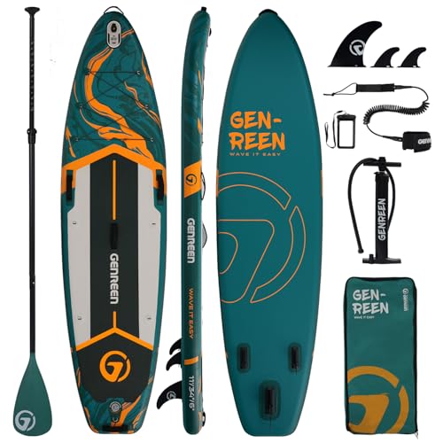 GENREEN Stand-Up Paddle Boards, 11ft Inflatable Paddle Board with SUP Accessories, Non-Slip Deck, Dual PVC Layer, 3 Fin, 33 in Extra Wide Stable All-Around Paddleboard for Youth & Adults(Jungle Green)