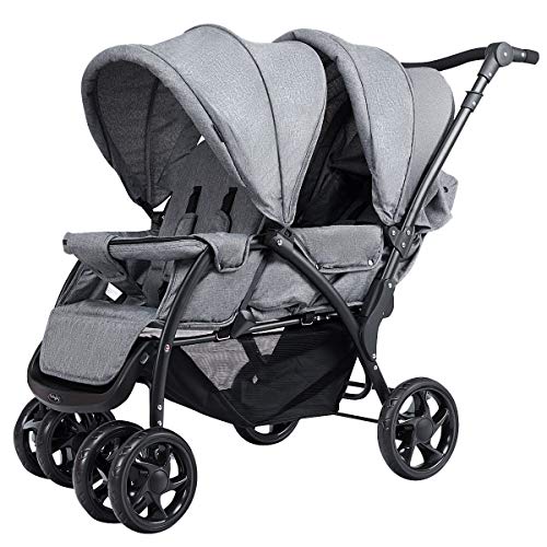 RELAX4LIFE Doppel Kinderwagen Klappbar, Geschwisterwagen mit 5-Punkt Sicherheitsgurten, Buggy Wagen mit Verstellbarem Lenker & Rückenlehne, ab der Geburt Nutzbar bis 15 kg, Grau
