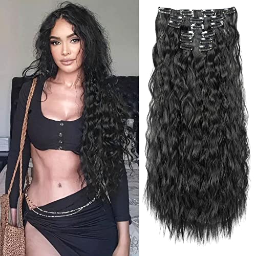 FLUFYMOOZ Clip in Extensions, 61cm 6PCS Lange gewellt Wellige Clip in Haarverlängerungen Dickes Natürliches Weiches Synthetisches Haarteil Für Frauen Mädchen Natürliches Schwarz