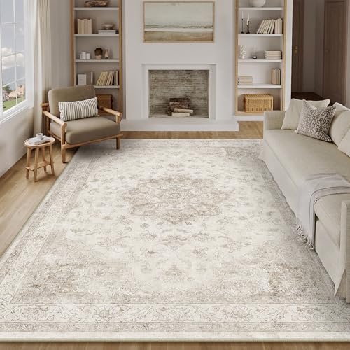 PureCozy Vintage Beige Teppich Wohnzimmer 200x300cm Schlafzimmer Wohnzimmerteppich Boho Waschbarer Carpet Weich rutschfest Teppiche Esszimmer Büro Kurzflor Groß Tepich