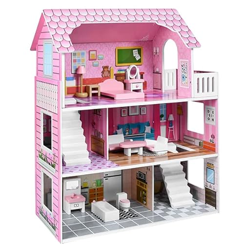 YUENFONG Puppenhaus Holz XXL Puppenvilla 3 Etagen Puppenstube mit Zubehör und Möbeln Holzpuppenhaus für Kinder, Mädchen, Geschenk, Geburtstag,60×23.7×70cm