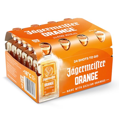 Jägermeister ORANGE – 24 x 0,02l Premium Kräuterlikör Shots 33% Vol. – Fruchtig-frisch mit Citrusöl-Extrakt aus sonnengereiften sizilianischen Orangen – 56 erlesene Kräuter