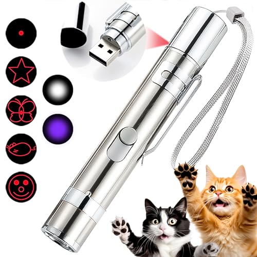 ChenFec LED Pointer für Katzen Spielzeug, 7 in 1 und 5 Muster mit USB Wiederaufladbar, Interaktives Katzenspielzeug, Mini Tragbar Taschenlampe Mit Edelstahlgehäuse, Light Licht Spielzeug