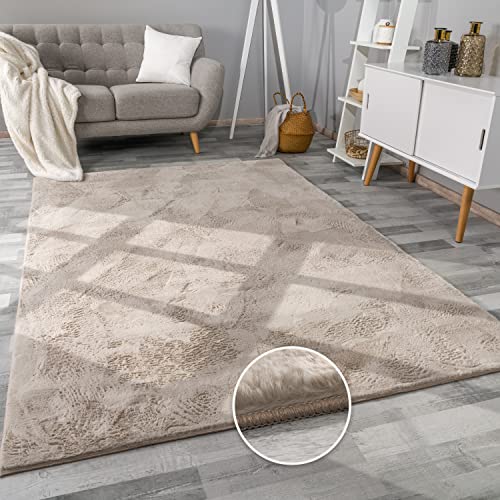 Paco Home Teppich Wohnzimmer Kunstfell weich waschbar modern elegant pflegeleicht Felloptik Uni Seidenglanz flauschig Kurzflor, Grösse:160x220 cm, Farbe:Beige