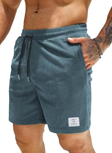 JMIERR Kurze Hosen Herren Corduroy Shorts Herren Sommer Elastische Taille mit Taschen Blaugrün L
