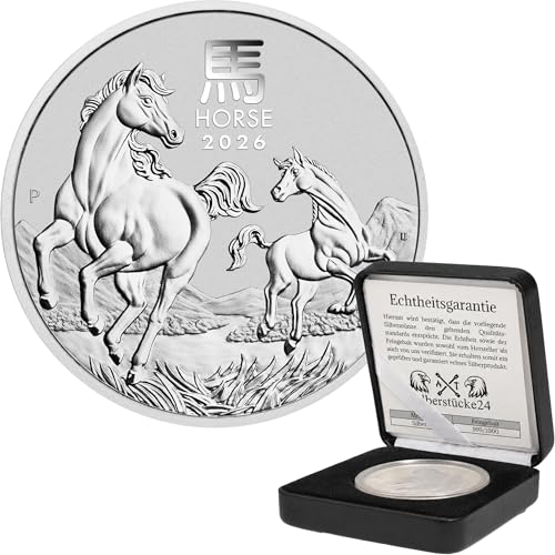 Silbermünze Lunar III Pferd 2026 | Feinsilber 999,9 | Wahlweise 1 oz oder 1/2 oz | In Münzkapsel & schwarzem Etui | Inkl. Grußkarte und Echtheitsgarantie (1oz Silbermünze)