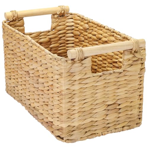 HMF Aufbewahrungskorb geflochten aus Wasserhyazinthe, dekorativer Korb mit Holzgriffen zur Aufbewahrung für Badezimmer, Wohnzimmer, Küche | 37 x 22 x 20 cm | Natur