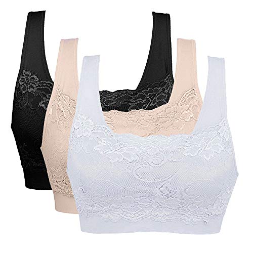 Vertvie Womens Strech Ohne Buegel Push up Yoga Sports BH Bra Top Set Fuer Fitnesstraining Polsterung 3er Pack (EU L/Tag XL, Schwarz+Weiß+Hautfarbe)