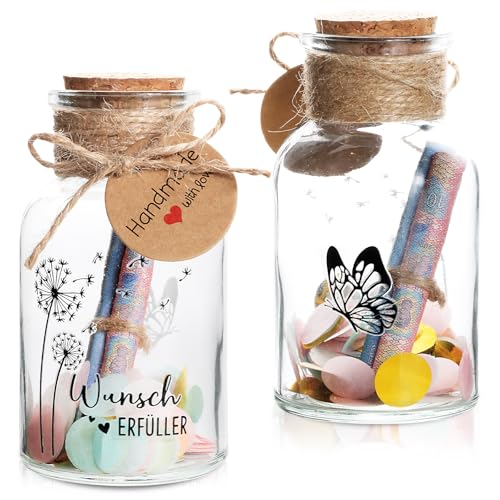 BOFUNX Wunscherfüller Geldgeschenke Verpackung Glasflasche mit Korken und Wunscherfüller Aufkleber Konfetti Streudeko Glückbring Viel Glück für Geburtstag Hochzeit Jugendweihe Prüfung Abschluss