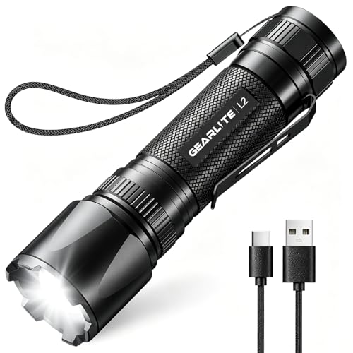 GEARLITE LED Taschenlampe Aufladbar, Superhelle Zoombare 3000 Lumen Mini Torch mit 3 Lichtmodi & Langer Betriebsdauer, IP65 Wasserdicht Taktische Handlampe für Camping Angeln Wandern Outdoor, Notfäll