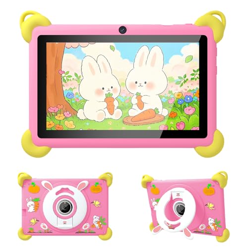 Veidoo 7-Zoll Android Kinder-Tablet, 2+32 GB, Dual-Kameras, stoßfeste Hülle, integriertes Hasen-Ständer-Design, Abnehmbarer Schultergurt, Quad-Core Prozessor, iwawaAPP, Elternkontrolle