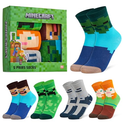 Minecraft Jungen Lustige Socken mit Motiv, Multipack – Geschenke für Kinder(Grünes Quadrat - 5er-Pack,EU 35-40)