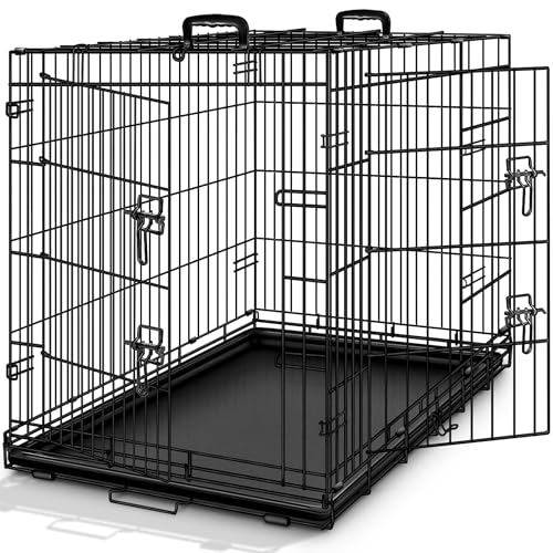 TRESKO Hundekäfig faltbar mit 2 Türen | Transportkäfig Auto | Hundebox mit Bodenschale | Transportbox Drahtkäfig (L 122 x B 74,5 x H 80,5 cm)