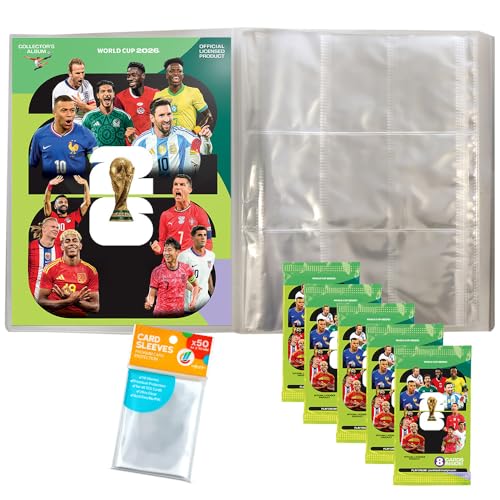 FIFA World Cup Adrenalyn XL 2026-1 Leere Sammelmappe + 5 Booster (Original) + Exklusive Collect-it Hüllen (Eigenmarke Bundle)