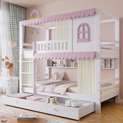 Merax Etagenbett Kinderbett 90x200cm, Hochbett Holzbett mit Rausfallschutz, Zwei Schubladen mit Rollen, Offenes Regal, Platzsparendes Stockbett mit 2 Lattenrost & Großes Fenster, Jugendbett, Weiß&Rosa