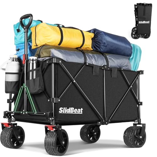 SLIDBEAT XXXL Bollerwagen Faltbar mit Bremsen, 300L 226KG Faltbollerwagen Große Räder, Getränkehalter Verstellbarem Griff Klappbar Bollerwagen Für Strand Garten Camping Shopping Transport Trolley