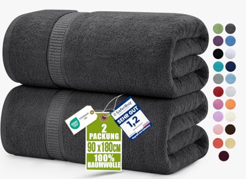 Utopia Towels - 2er Badetücher Groß aus Baumwolle mit Aufhänger, Saunatücher,Badehandtücher Groß, Handtücher 90 x 180 cm (Grau)