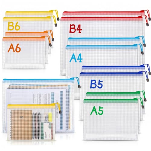 Koogel 12 Stück Dokumententaschen mit Reißverschluss, 6 Größen & 6 Farben, Wasserdichte Mesh Dokumentenmappe für Rechnung, Datei, Kosmetik, Bürobedarf, Hausaufgaben, Schule & Reise