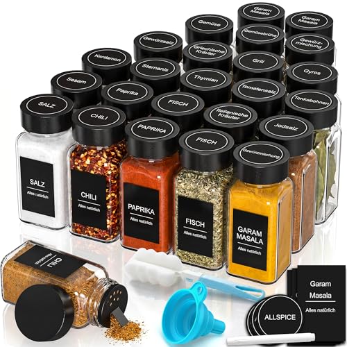 DIFULI Gewürzgläser Set aus 24 eckigen Gewürzdosen (120ml) – Ihr kompletter Gewürze Organizer mit Deckel, Streueinsatz (Gewürzstreuer), Trichter, Sieb & 340 Etiketten | Gewürzbehälter & Spice