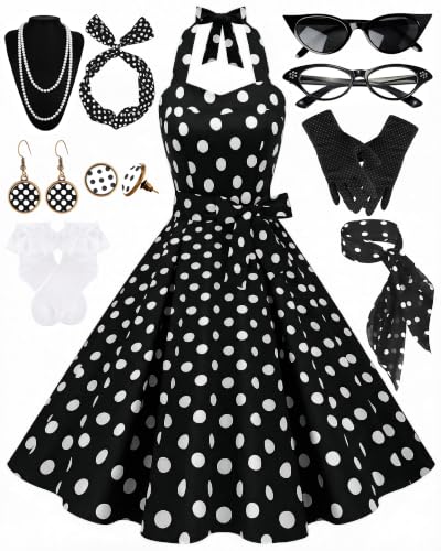 WILDPARTY 50er Jahre Outfit Damen, Rockabilly Kleid mit 10 Pcs Accessoires
