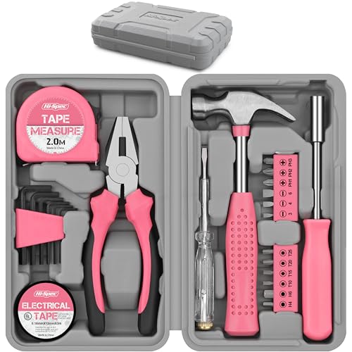 Hi-Spec 24-tlg. Kleiner Werkzeugkoffer für Frauen – Rosa-Mini-Werkzeug-Set mit Hammer und Schraubenzieher Set. Pinke Werkzeugbox ideal für WG-Zimmer und unterwegs