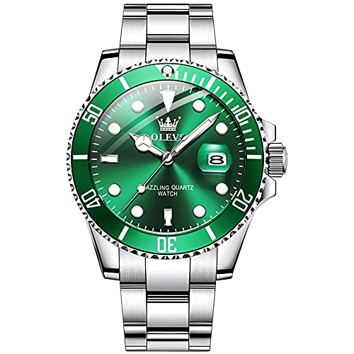 OLEVS Silber Herrenuhr Grün Großes Zifferblatt Analog Quarz Men's Stainless Steel Watch Klassisches Drehbare Lünette Armbanduhr Herren Elegante Wasserdicht Leuchtend mit Datum Uhren Herren Geschenke