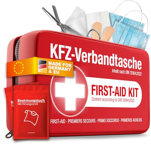 KFZ Verbandstasche nach aktueller Norm 2026 inkl. Beatmungstuch - Auto Verbandskasten europaweit nutzbar - Erste Hilfe Set neue Norm DIN 13164:2022 (StVO konform)