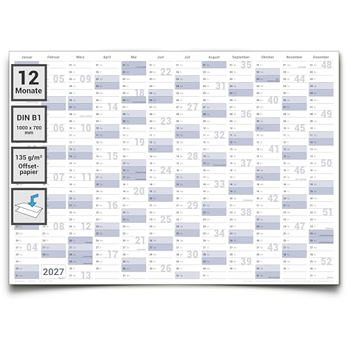 Gigatime Wandkalender 2027 DIN B1 100 x 70 cm, XL Jahresplaner