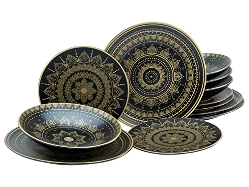 CreaTable, 23588, Serie MANDALA GOLD - Schwarz, 12-teiliges Geschirrset, Teller Set aus Steinzeug, spülmaschinen- und mikrowellengeeignet, Qualitätsproduktion