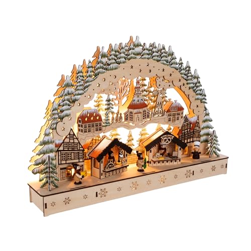Spetebo LED Holz Schwibbogen 44 x 30 cm - Motiv: Wintermarkt - Lichterbogen mit Weihnachtsmotiv - Weihnachtsdeko Tischdeko Fensterdeko Weihanchten Advent Winter Deko Batterie betrieben