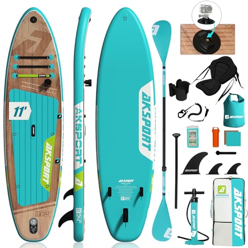 AKSPORT 11' aufblasbares SUP Board mit Premium-Zubehörset 34 Zoll extra breit rutschfeste Deckoberfläche, Stand Up Paddling Board für Erwachsene Jugendliche alle Level