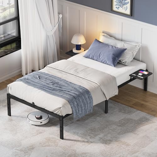 VASAGLE Doppelbettgestell, Bettrahmen, Bettgestell aus Metall, mit Aufbewahrungsregalen, Gästebett, passend für 90 x 200 cm Matratze, einfache Montage, tintenschwarz RMB092B01