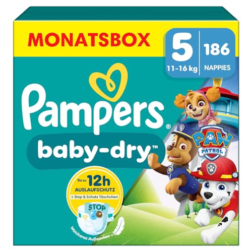Pampers Baby-Dry Paw Patrol Edition Größe 5, 186 Windeln, 11kg-16kg, Bis zu 100% Auslaufsicher & Komfortable Nacht