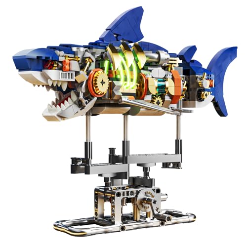 INSOON Technik Hai Bauspielzeug mit Schwenkbarem Körper & Licht, 687 Stück Meerestier Bausteine Modell mit Ständer, Kreative Haispielset Geschenkidee für Erwachsene Kinder Jungen ab 12 Jahren