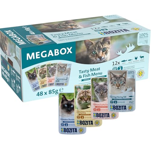 Bozita Nassfutter Megabox - Häppchen in Sauce mit Huhn, Lachs & Hering – 48x85 g Portionsbeutel getreidefreies Futter – Katzennassfutter Mixpack mit hohem Fleischanteil für gesunde Ernährung