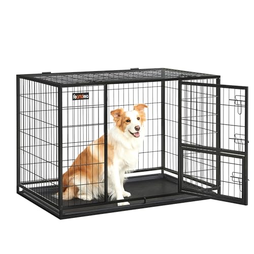 Feandrea Hundekäfig hochbelastbar, Gitterbox, transportabler Haustierkäfig, 107 x 70 x 75 cm, für mittelgroße, große Hunde, sicher, 2 abnehmbare Türen, Welpenauslauf, XL, tintenschwarz PPD001B01