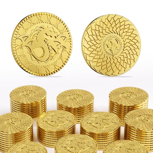 Byhoo Fantasy Goldmünzen aus Metall und Ledertasche für Dungeons & Dragons, Tisch-RPG-Brettspiele, Spielsteine, Schatzmünzen für Party, Tischspiele, Zubehör, Addons, Mittelalterspiel, 50 Stück