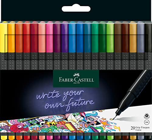 Faber-Castell 151620 Box mit 20 Grip Finelinern, 0,4mm Fineliner Stifte mit ergonomischem Griff, Zeichnungs- und Faserstifte mit feiner Spitze für Erwachsene, Lebendige farbige Kunststifte