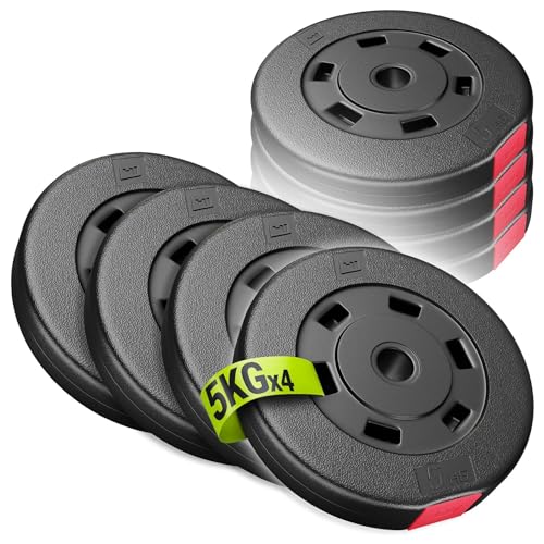 HOP-Sport Hantelscheiben Set 20 kg, Gewichtsscheiben 30 mm / 31 mm Bohrung, Kunststoff Hantelgewichte 4x5 kg, für Langhantel & Kurzhantel, bodenschonend, für zuhause