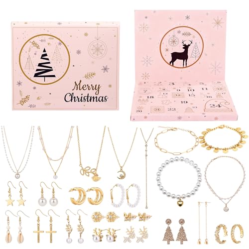 Ucouper Adventskalender Schmuck Frauen Halskette Mädchen Weihnachtskalender Armband Weihnachten Ohrringe Damen Ringe Geschenk Teenager Gold