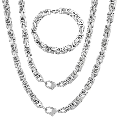 LbsAMP 3 Stück Halskette und Armband Set Herren Edelstahl Königskette Armband Silber 6mm Breite Kette Armbänder Männer Kubanische Gliederkette Punk Hip Hop Rapper Schmuck Geschenke für Jungen Freund