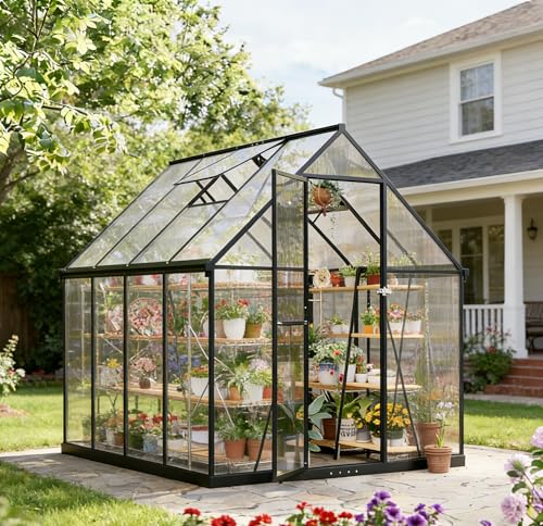 2026 Polycarbonat Gewächshaus Schwarz 281x175x195, Aluminiumrahmen Garten & Terrasse Pflanzenhaus mit Lüftungsfenster, Regenrinnen, Stabil Alle Wetter, Winterfest Außengewächshaus