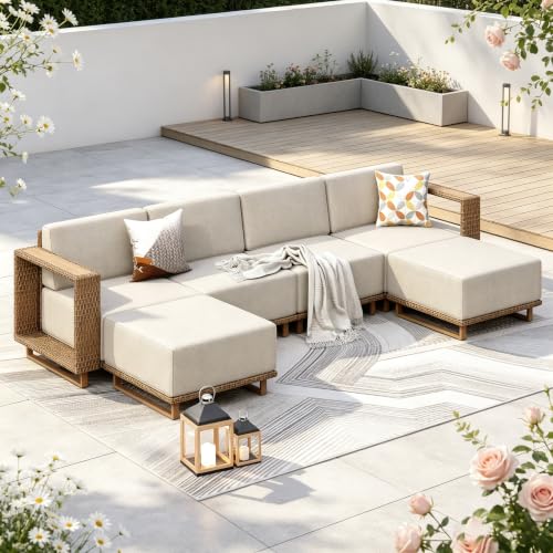 PHI VILLA Rattan Gartenmöbel Set Balkonmöbel für 6, Lounge Möbel Outdoor Sofa Sets für Garten und Terrasse, Allwetter Gartensofa Terassenmöbel Außen mit Dicken Weißen Kissen und Ergonomischem Design